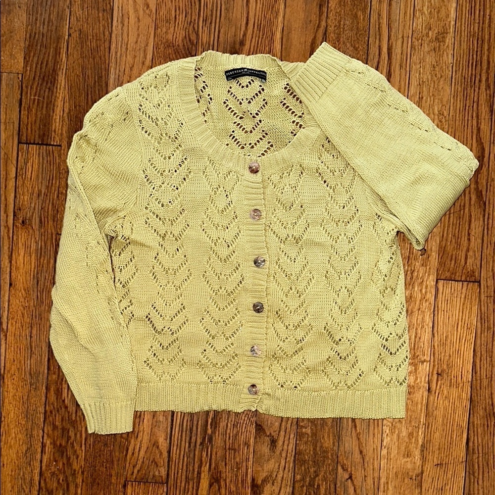 Peruvian connection 100% Pima cotton eyelet button crop cardigan yellow green S